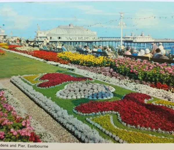 Vintage Eastbourne Postcard 1973 – Carpet Gardens & Pier, Seaside UK Souvenir, Queen Stamp, Dennis Productions, Travel Collectible