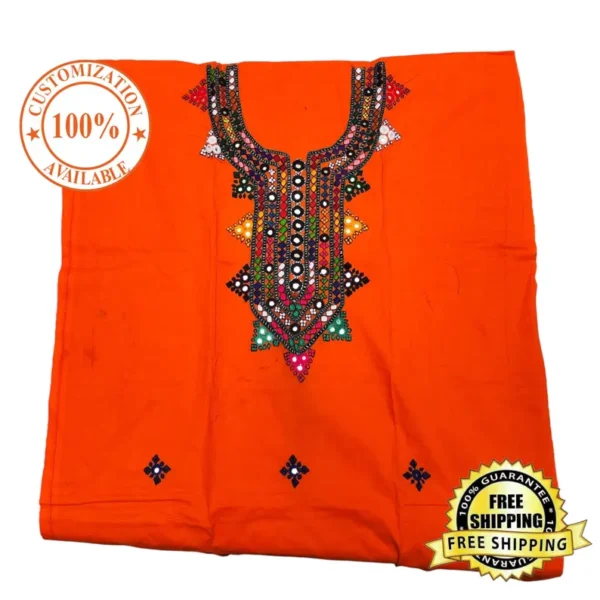 Handmade Sindhi Dress Material | Unstitched & Customizable | Mirror Work Embroidery | Traditional Ethnic Orange Kurta | Boho Festival Wear
