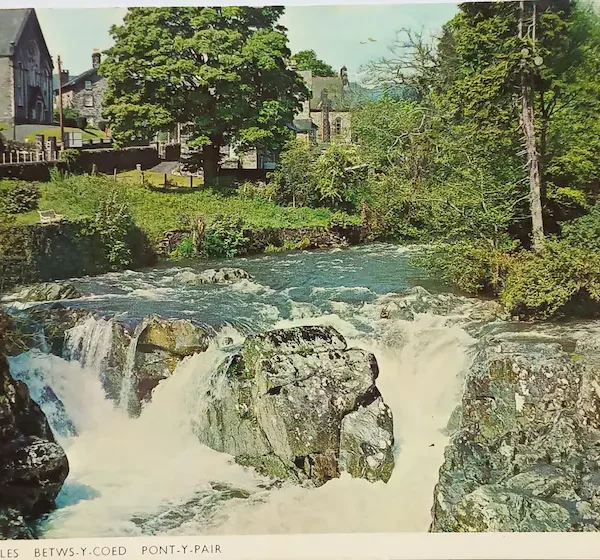 Vintage 1970 Betws-y-Coed Wales Postcard Pont-y-Pair River Scene, Mailed to England, Queen Elizabeth Stamp
