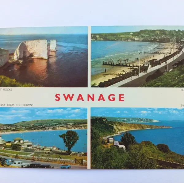 Vintage 1972 Swanage Postcard Old Harry Rocks Sea Front Two Bays – Cotman-Color Series UK Travel Ephemera Retro Collectible