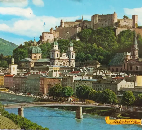 Vintage Salzburg Austria Postcard 1950s – Hohensalzburg Fortress View, Mailed to England, Travel Collectible Ephemera