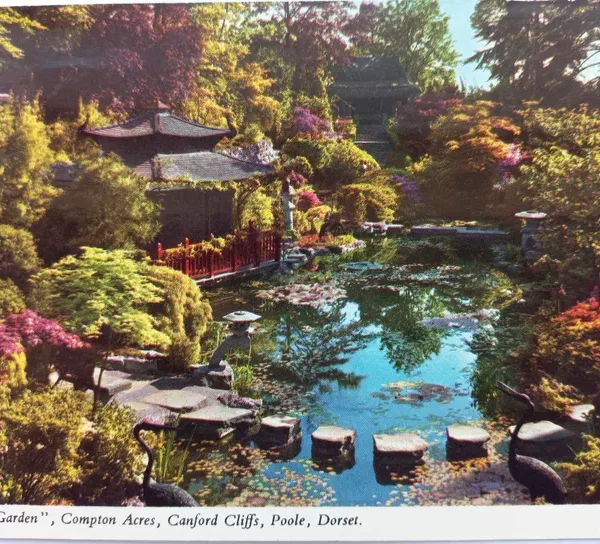 Vintage 1970s Postcard Japanese Garden Compton Acres Poole Dorset UK Scenic Travel Ephemera Queen Stamp Written & Posted