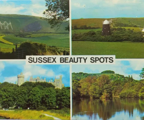 Vintage Sussex Postcard 1973 | Long Man, Windmills, Arundel Castle | Eastbourne Sent Card | UK Travel Souvenir
