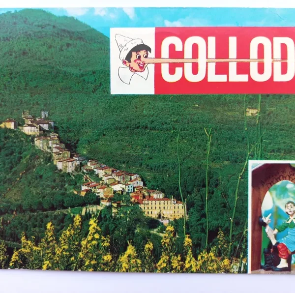 Vintage 1973 Collodi Italy Postcard – Pinocchio Theme, La Bottega di Geppetto, Tuscan Village, Mailed to England, Rare Ephemera