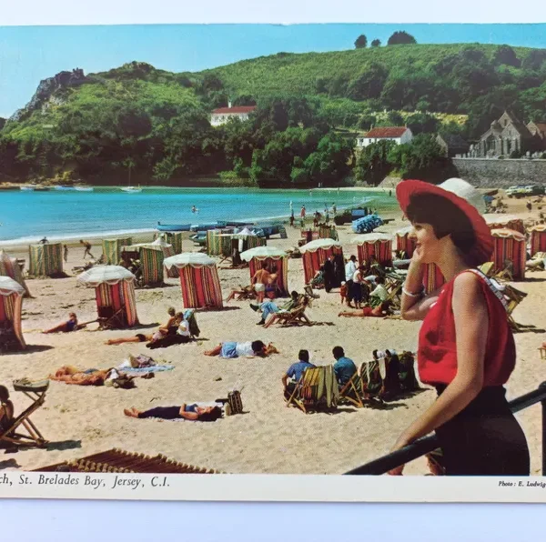 Vintage 1960s St. Brelade’s Bay Jersey CI Postcard | Retro Beach Scene | John Hinde | Unused/Used Travel Collectible
