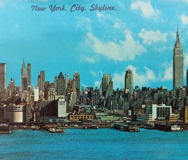 Vintage 1978 NYC Skyline Postcard – Empire State Building, Airmail Stamp, Handwritten Message – Retro Travel Collectible