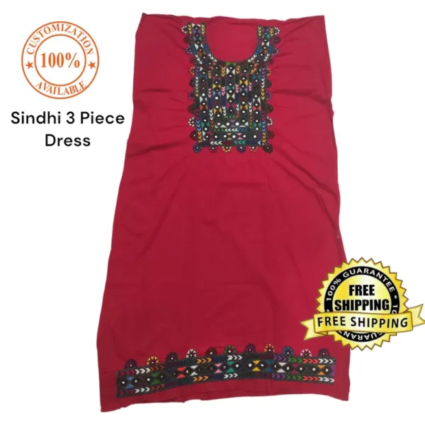 Sindhi 3 Piece Dress Set – Handmade Traditional Embroidered Suit, Ethnic Pakistani Indian Outfit, Dupatta, Kameez & Shalwar