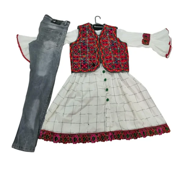 Handmade Traditional Balochi Dress Set with Embroidered Waistcoat – Ethnic Cultural Costume for Girls – Festive & Folk Wear