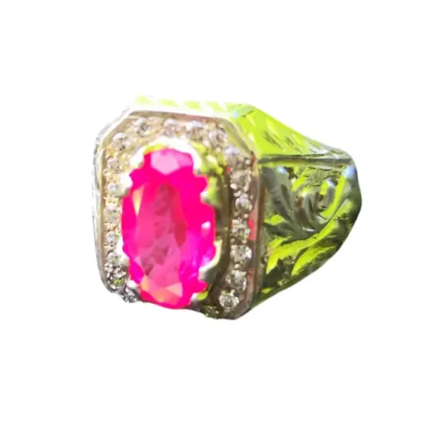 Handcrafted Silver Ring with Pink Ruby and Diamond Accents – Elegant Gemstone Jewelry Gift for Him or Her