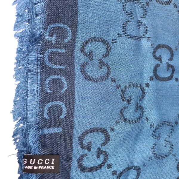 Authentic Gucci Blue Monogram GG Logo Scarf | Designer Shawl Made in France | Soft Fringe Edges | Unisex Luxury Fashion Wrap | Pre-Loved High-End Accessory