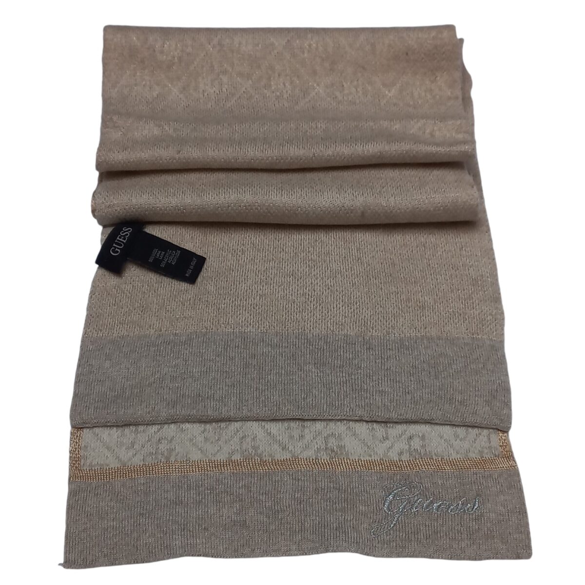 GUESS beige wool blend scarf with monogram design and embroidered logo, made in Italy