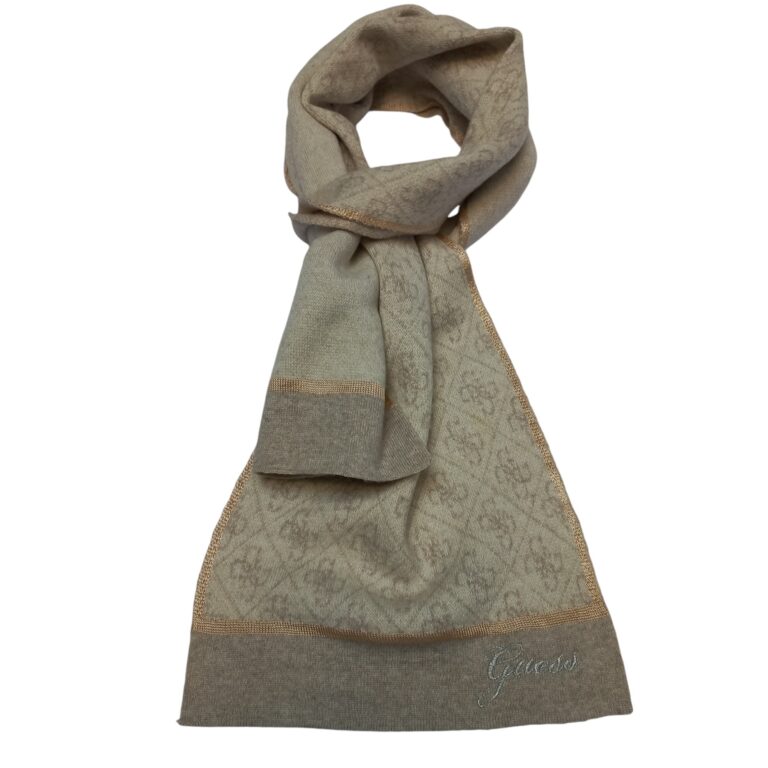 GUESS beige wool blend scarf with monogram design and embroidered logo, made in Italy